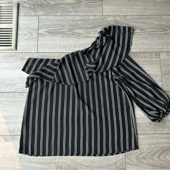 Halogen Pin Stripe One Shoulder Chiffon Blouse - Picture 5 of 14
